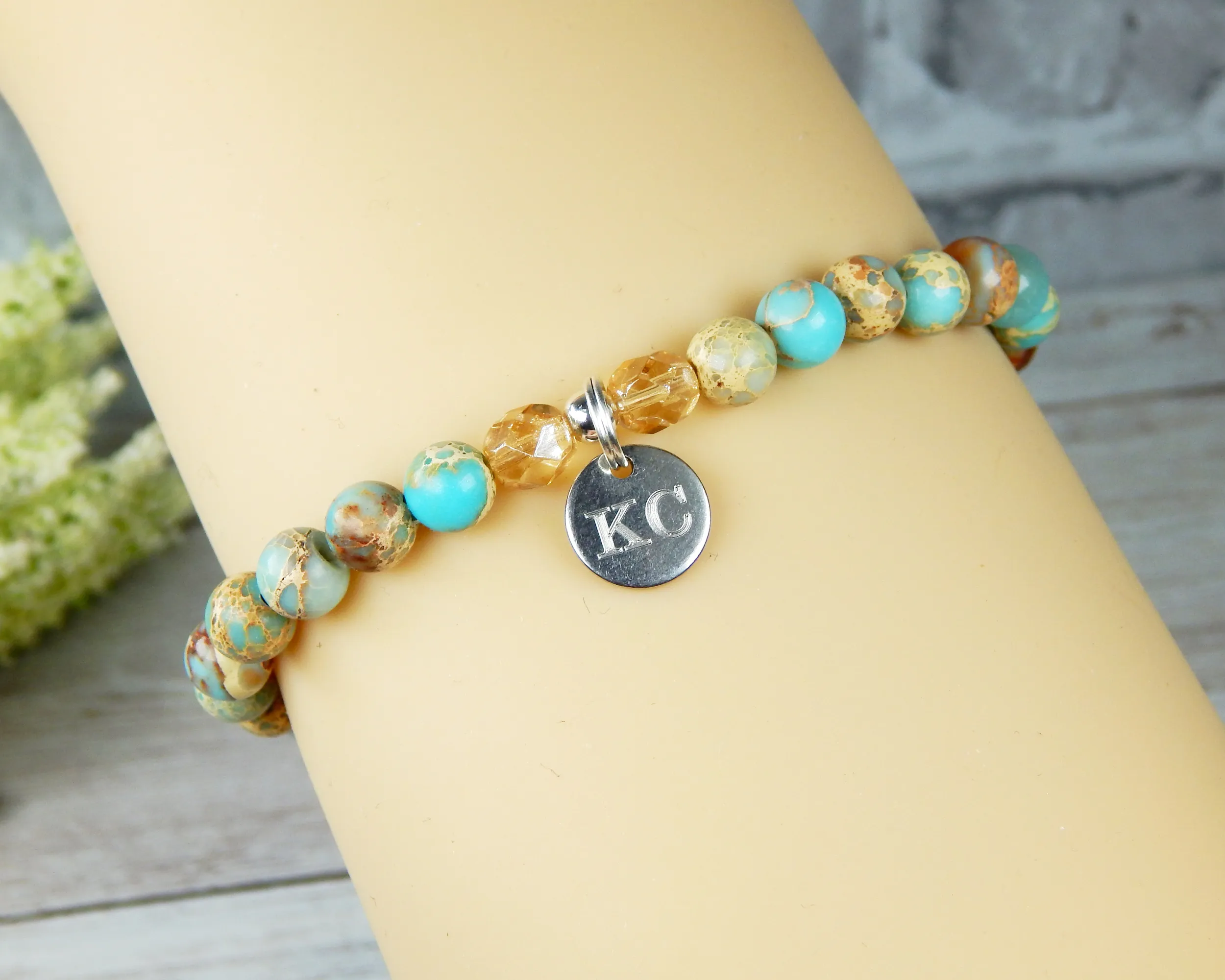 Blue Jasper Engraved Bracelet for Women - Light Blue Bracelet - Personalized Jewelry for Women