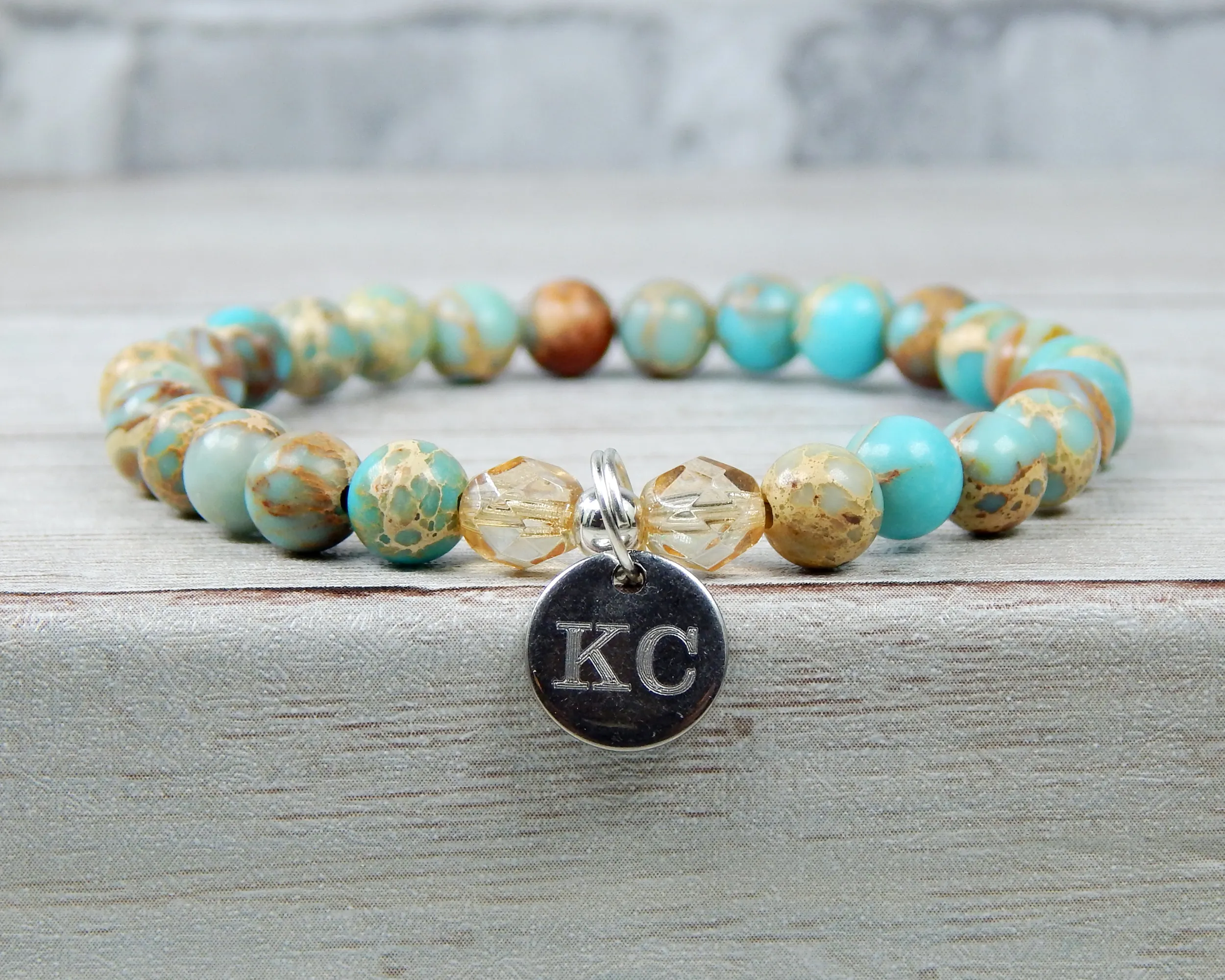 Blue Jasper Engraved Bracelet for Women - Light Blue Bracelet - Personalized Jewelry for Women