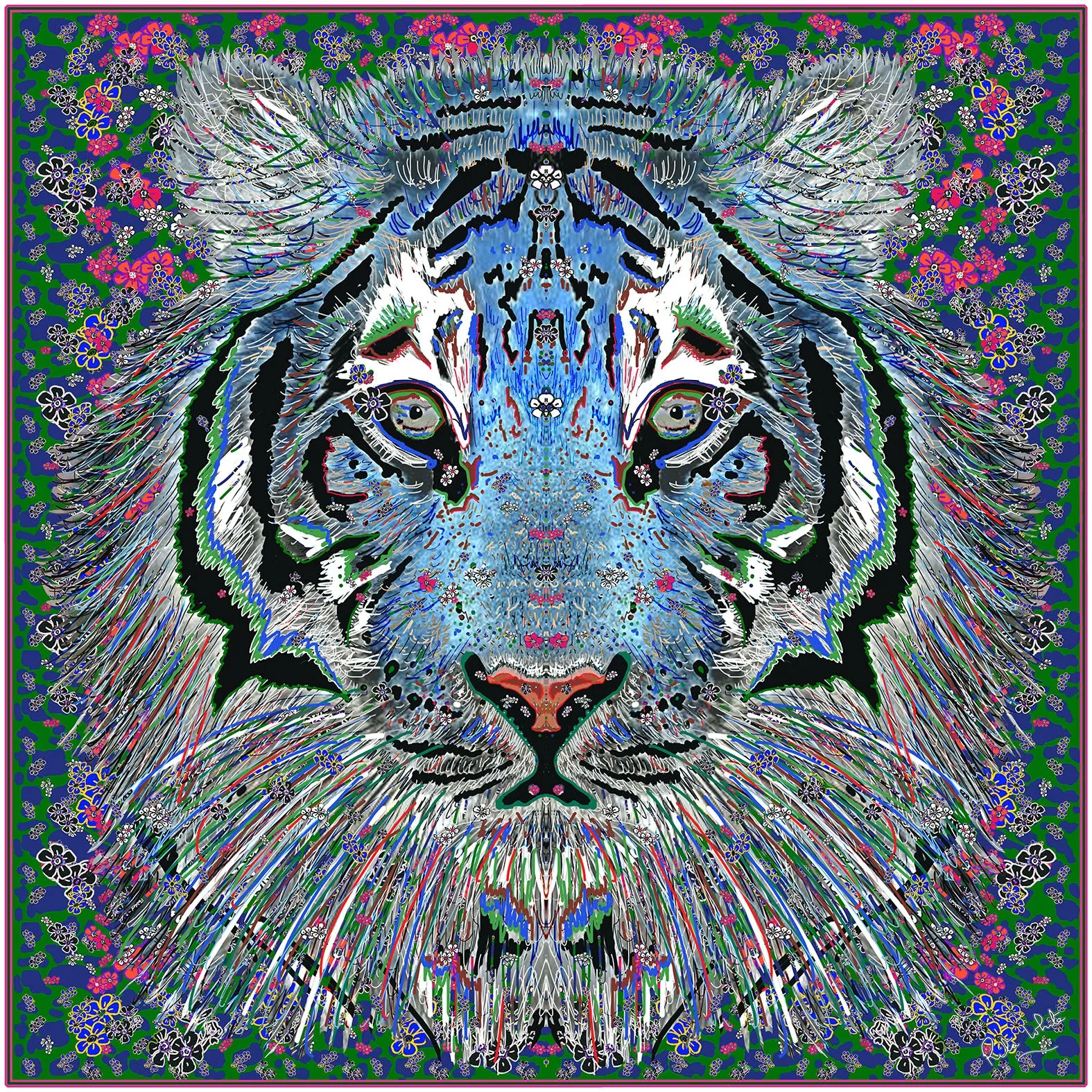 Blue Tiger, 110cm Square Silk Scarf