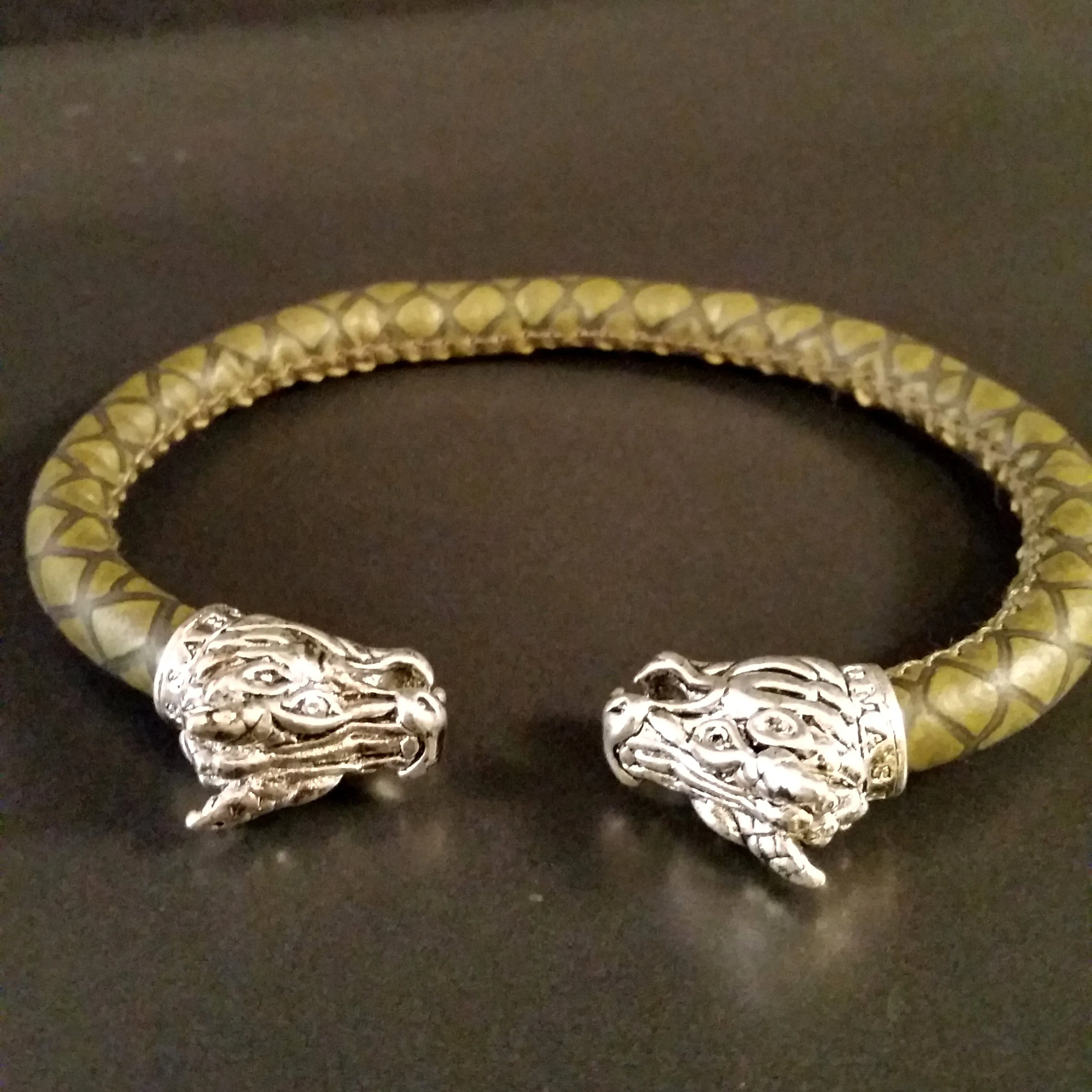 Bracelet Silver Green Dragon Embossed Leather