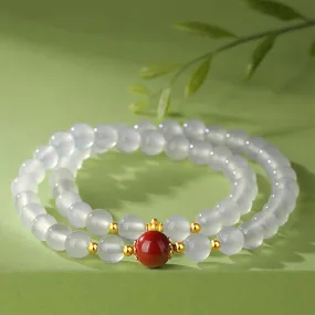 Buddha Stones 925 Sterling Silver Natural White Agate Cinnabar Double Wrap Protection Bracelet