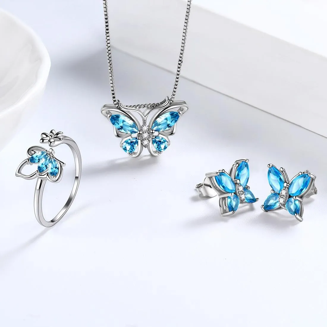 Butterfly Jewelry Set Birthstone March Aquamarine Women Girls Birthday Gift