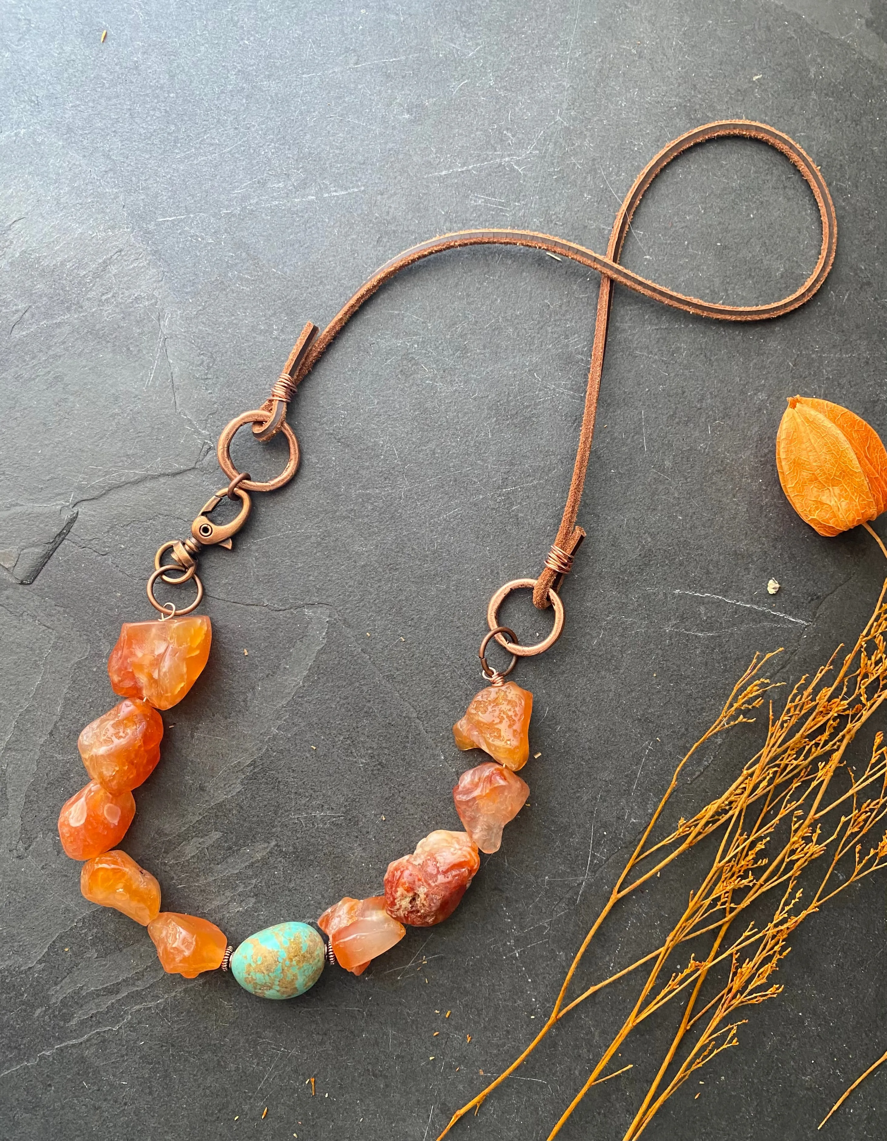 Carnelian agate, turquoise, copper metal, necklace, jewelry