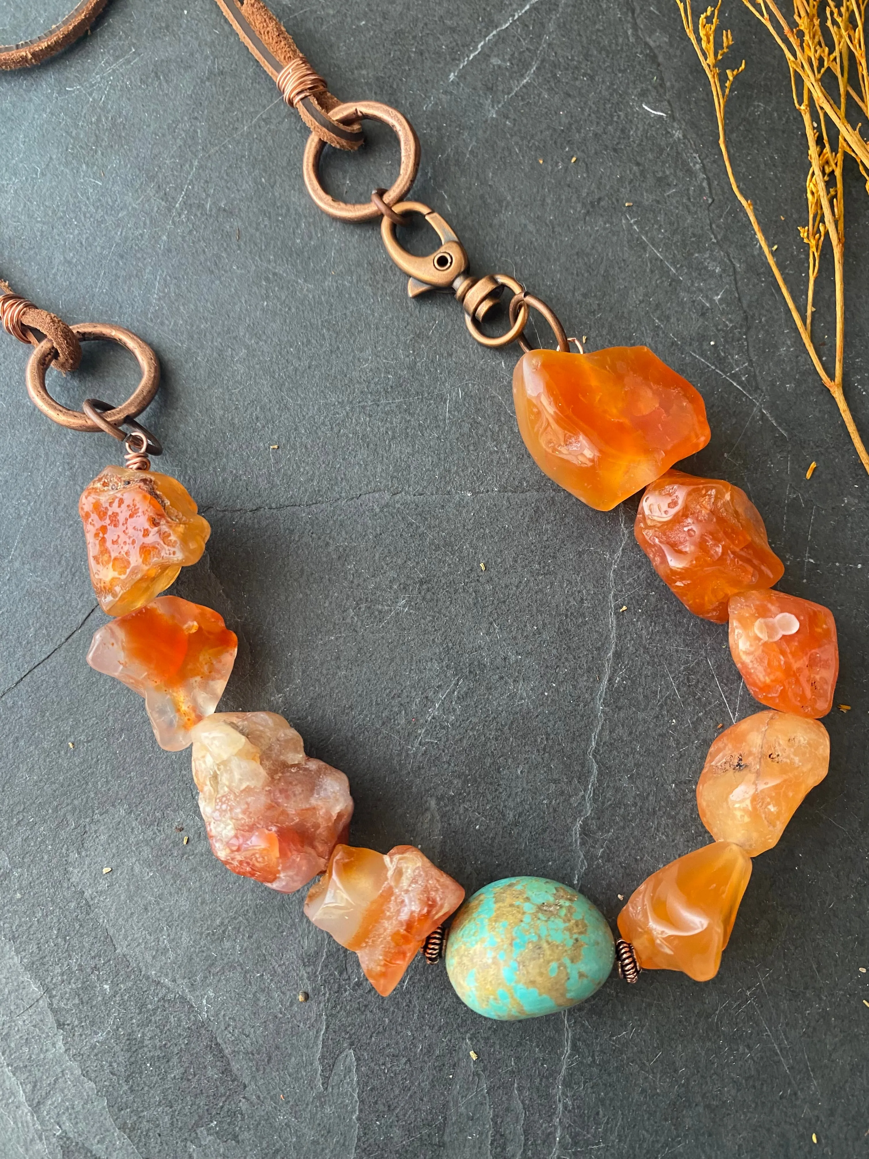 Carnelian agate, turquoise, copper metal, necklace, jewelry