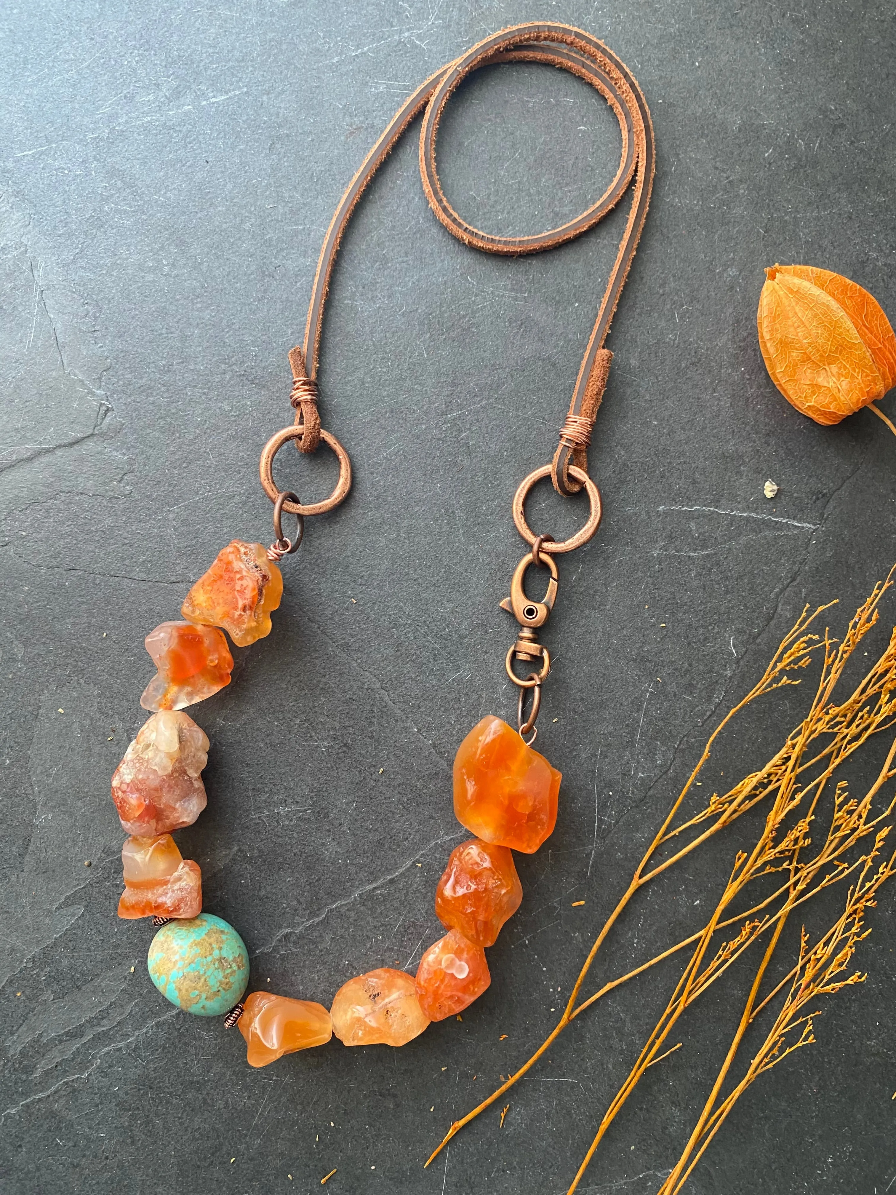 Carnelian agate, turquoise, copper metal, necklace, jewelry