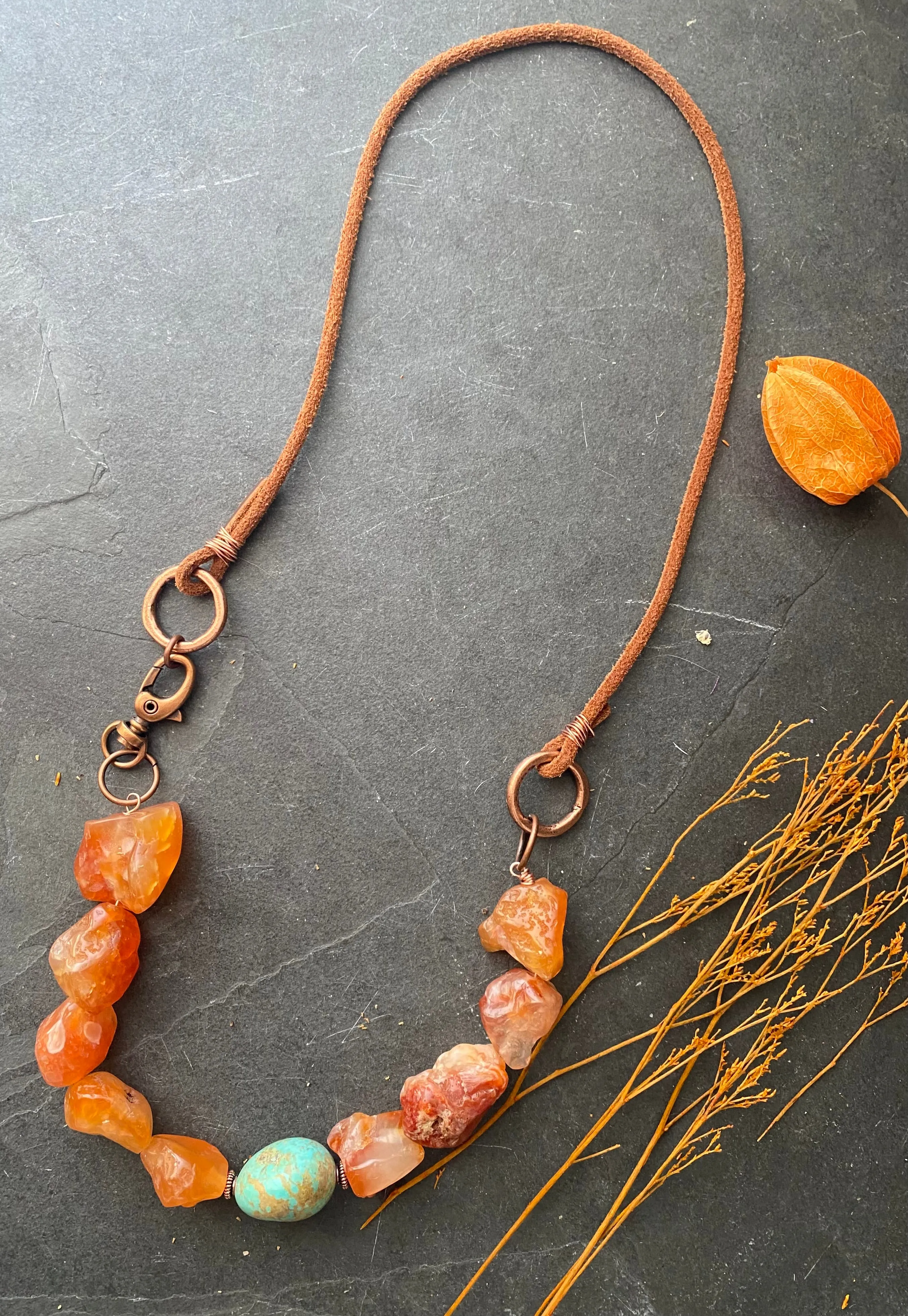 Carnelian agate, turquoise, copper metal, necklace, jewelry