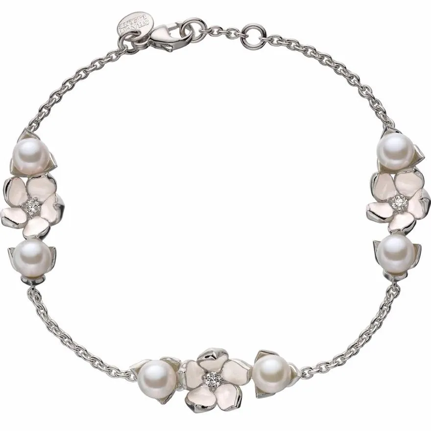 Cherry Blossom 3 Flower Bracelet - Silver, Diamond & Pearl