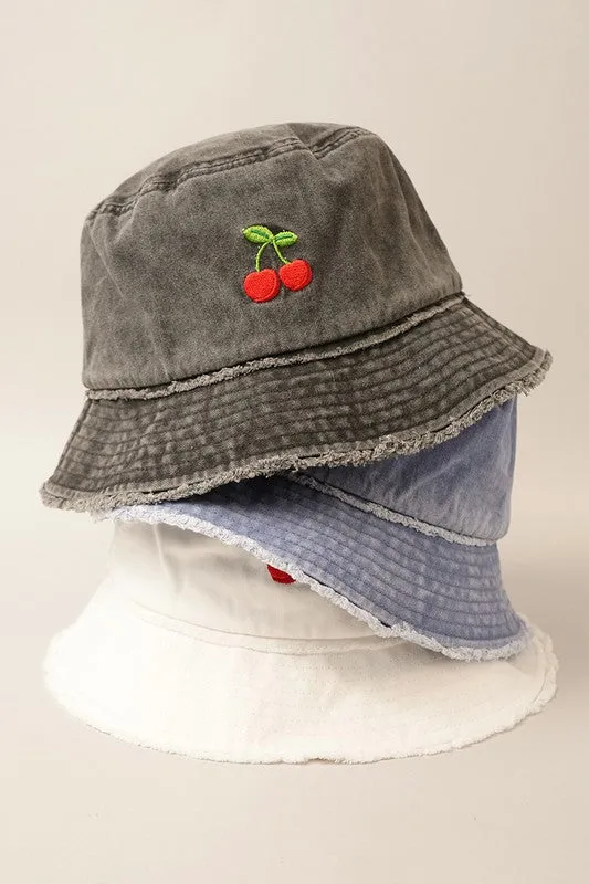 Cherry Distressed Denim Cotton Bucket Hat