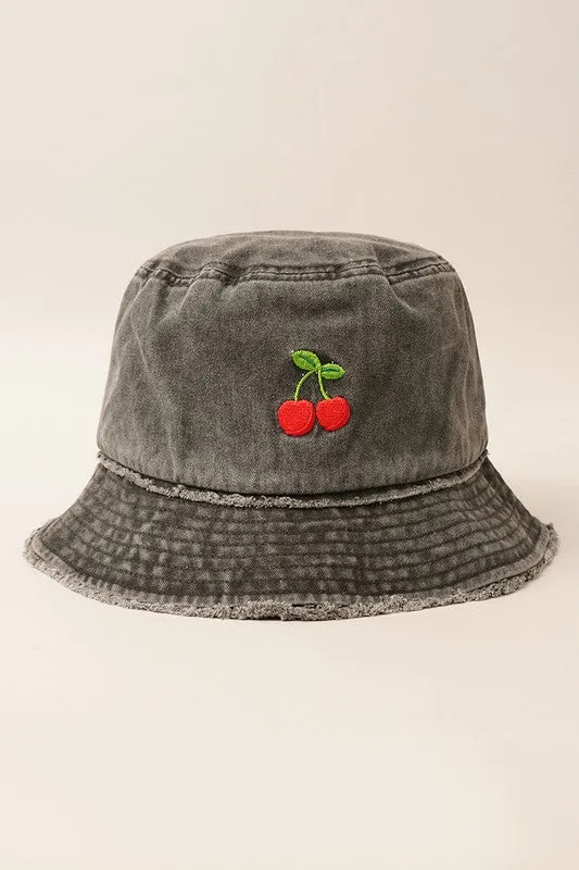 Cherry Distressed Denim Cotton Bucket Hat