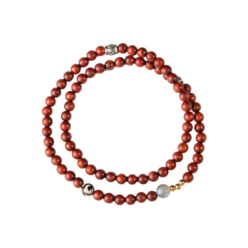 Chinese Style Red Sandalwood Multi-Circle Bracelet with Green Beads