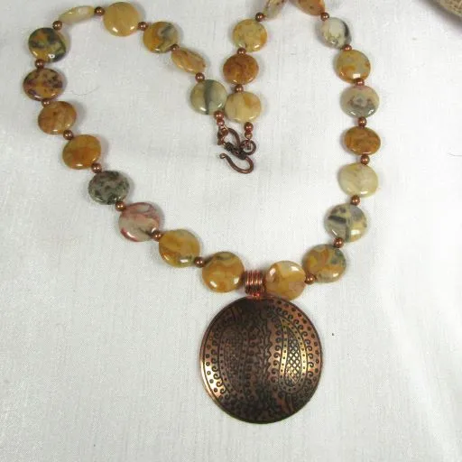 Crazy Lace Agate Gemstone Necklace with Copper Pendant