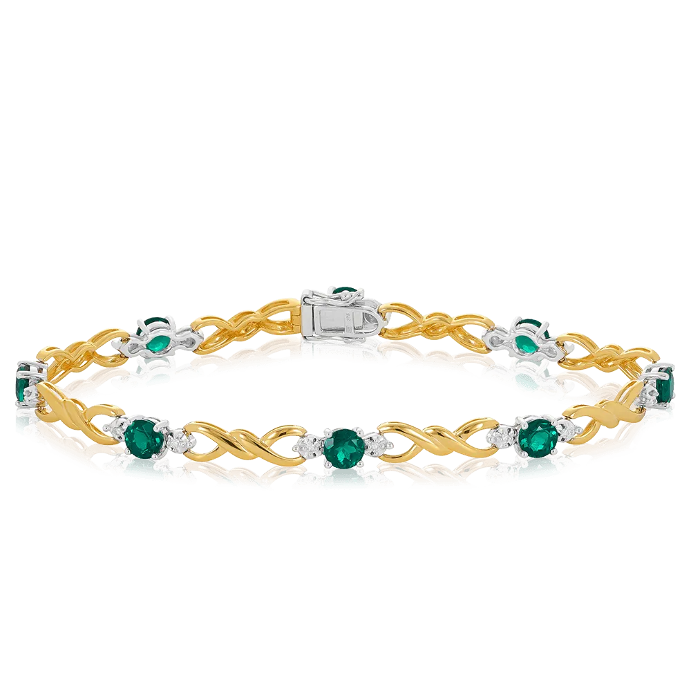 Created Emerald and Diamond Bracelet in 9ct Yellow and White Gold