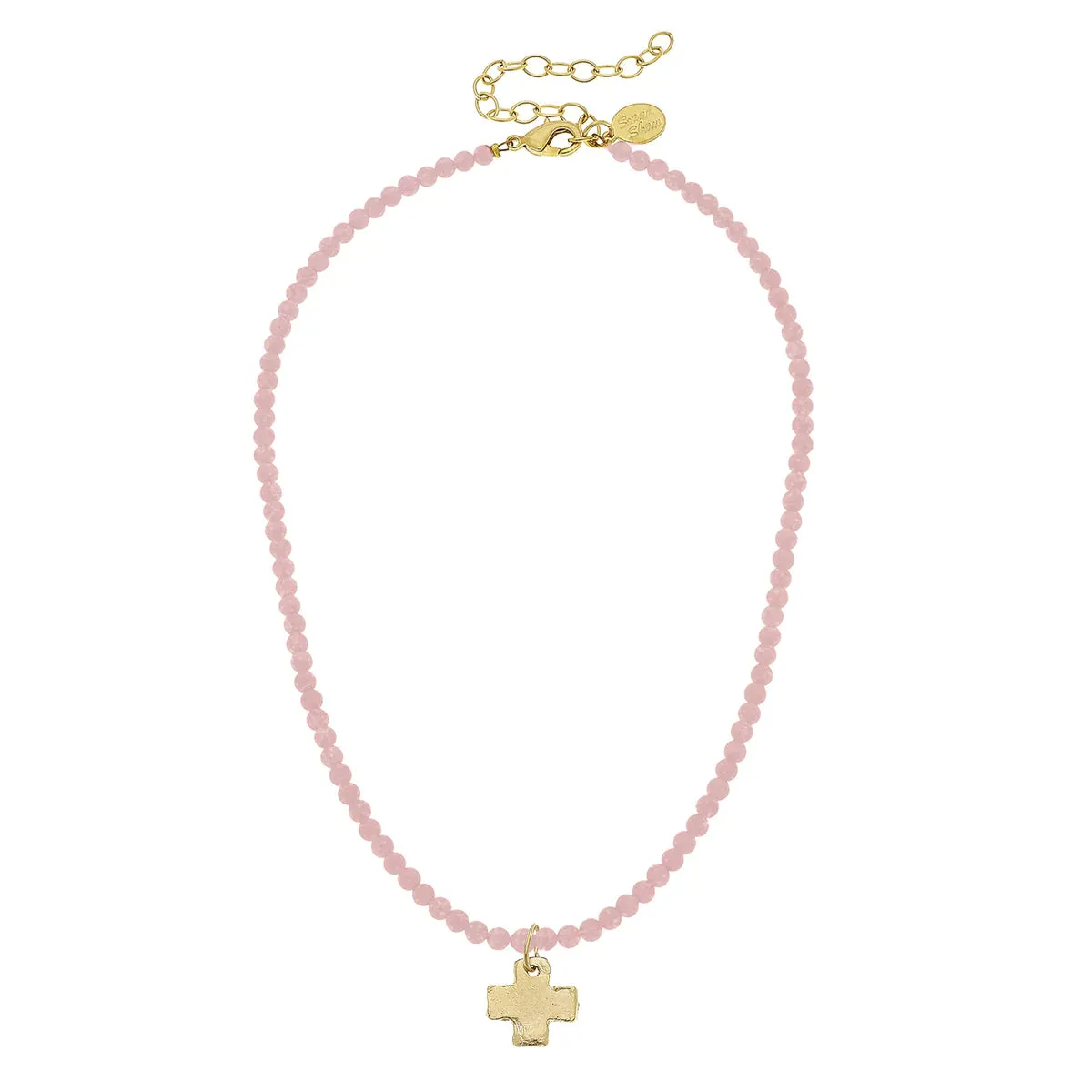 Dainty Beaded Cross Necklace - Light Pink