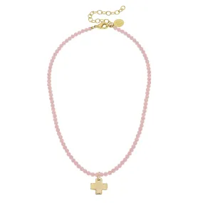 Dainty Beaded Cross Necklace - Light Pink