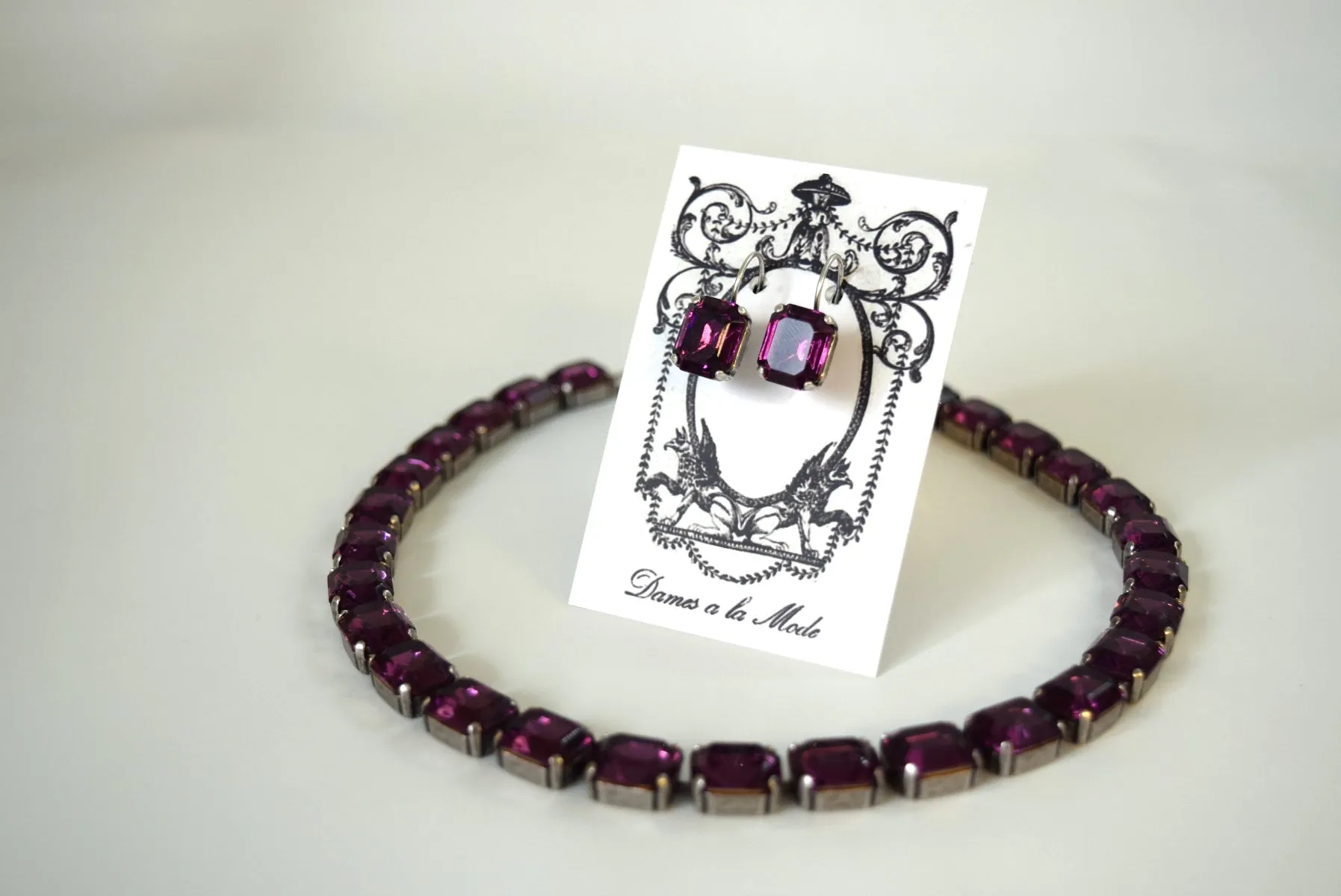 Dark Purple Crystal Collet Necklace - Small Octagon