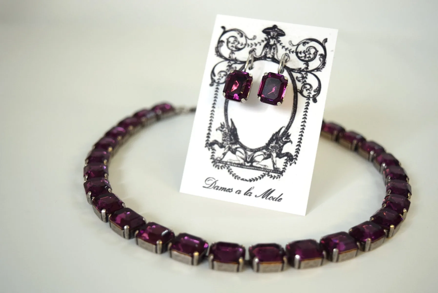 Dark Purple Crystal Collet Necklace - Small Octagon