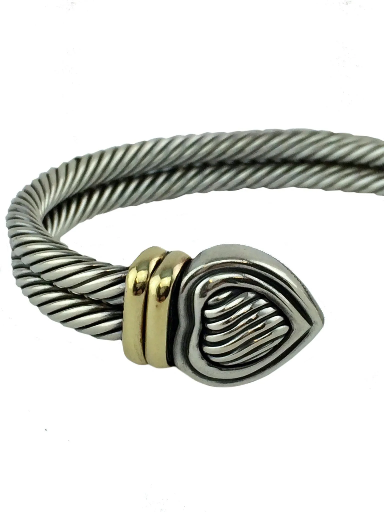 David Yurman Sterling Silver Double Cable Heart Cuff Bracelet with Gold Accents