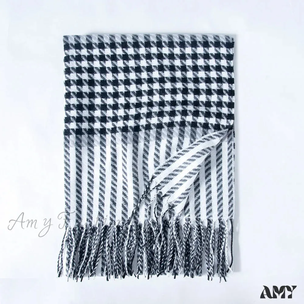 Deqing Silks 2024 New Houndstooth Faux Cashmere Fringe Plaid Winter Warm Stylish Scarf