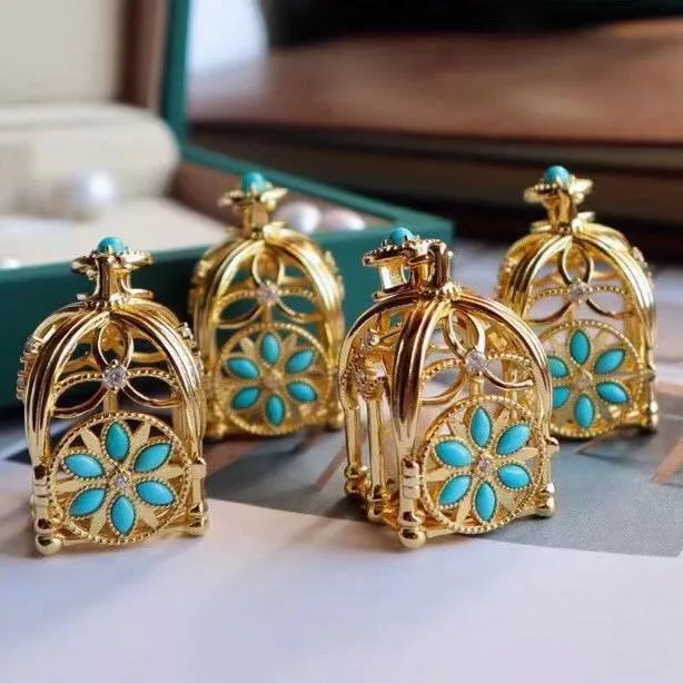 Designer IP Ancient Gold-Plated Birdcage Turquoise Pendant Necklace