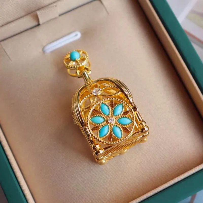 Designer IP Ancient Gold-Plated Birdcage Turquoise Pendant Necklace