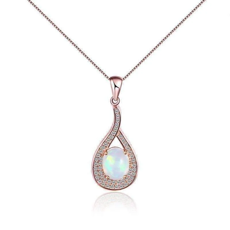 Divine Opal and Rose Gold Drop IOBI 925 Sterling Silver Necklace