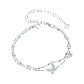 Double-Layer Butterfly Bracelet 925 Sterling Silver CZ Layered Bracelet