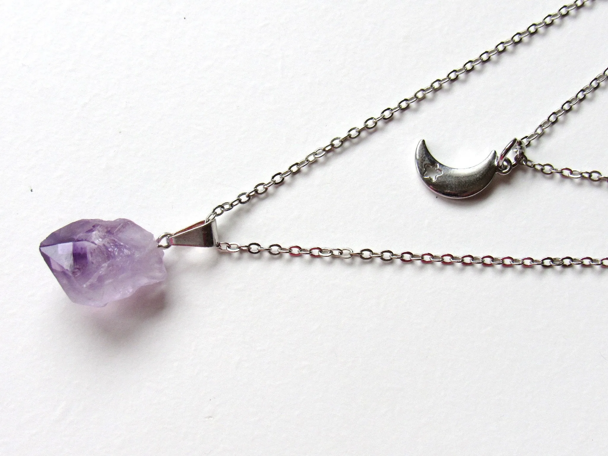 Double Layered Amethyst Point Moon Necklaces