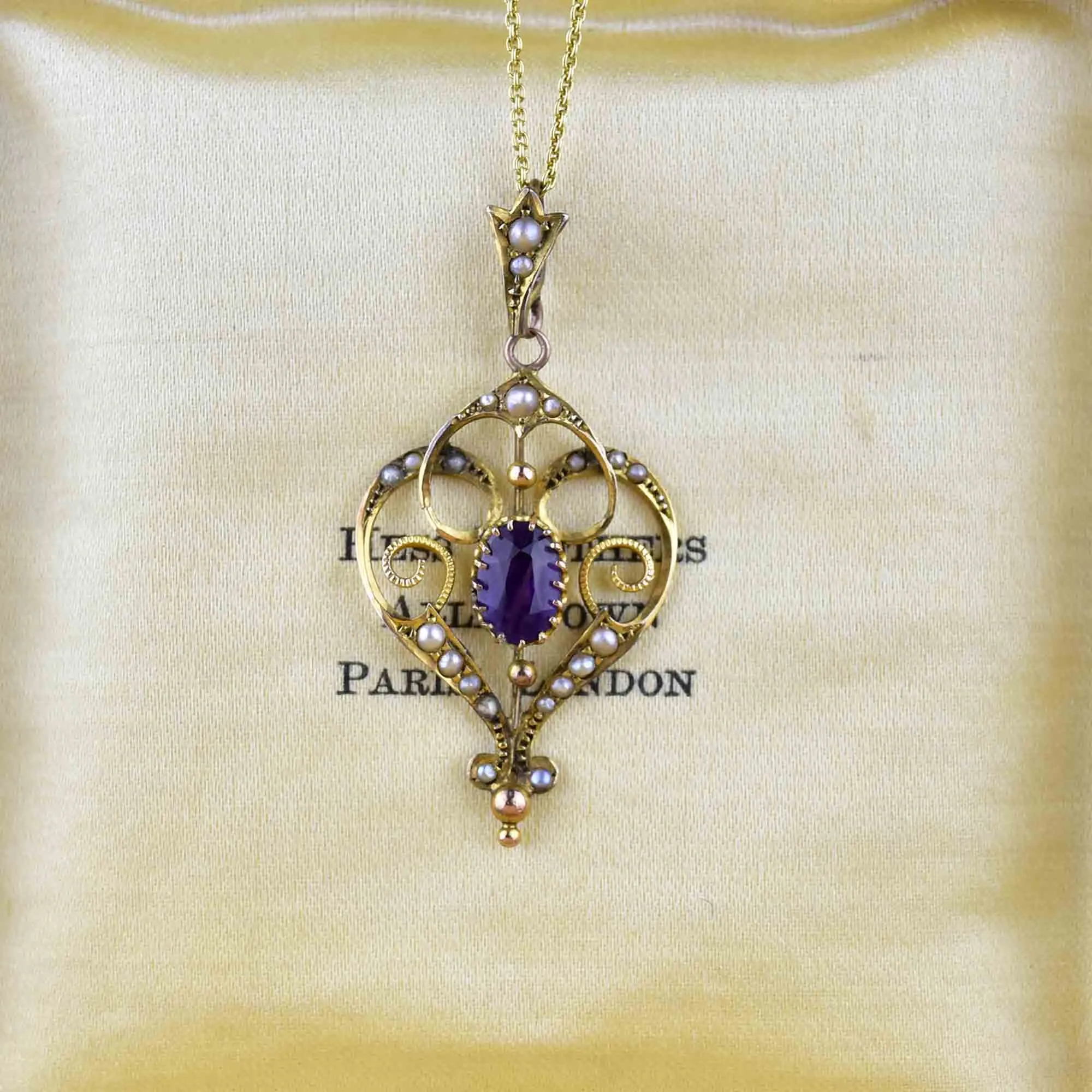 Edwardian Gold Amethyst Seed Pearl Lavalier Necklace