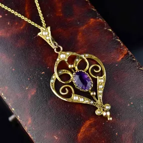 Edwardian Gold Amethyst Seed Pearl Lavalier Necklace