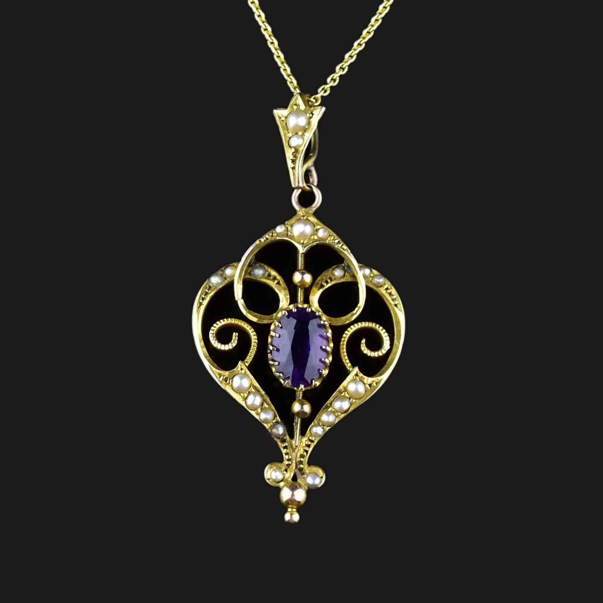 Edwardian Gold Amethyst Seed Pearl Lavalier Necklace