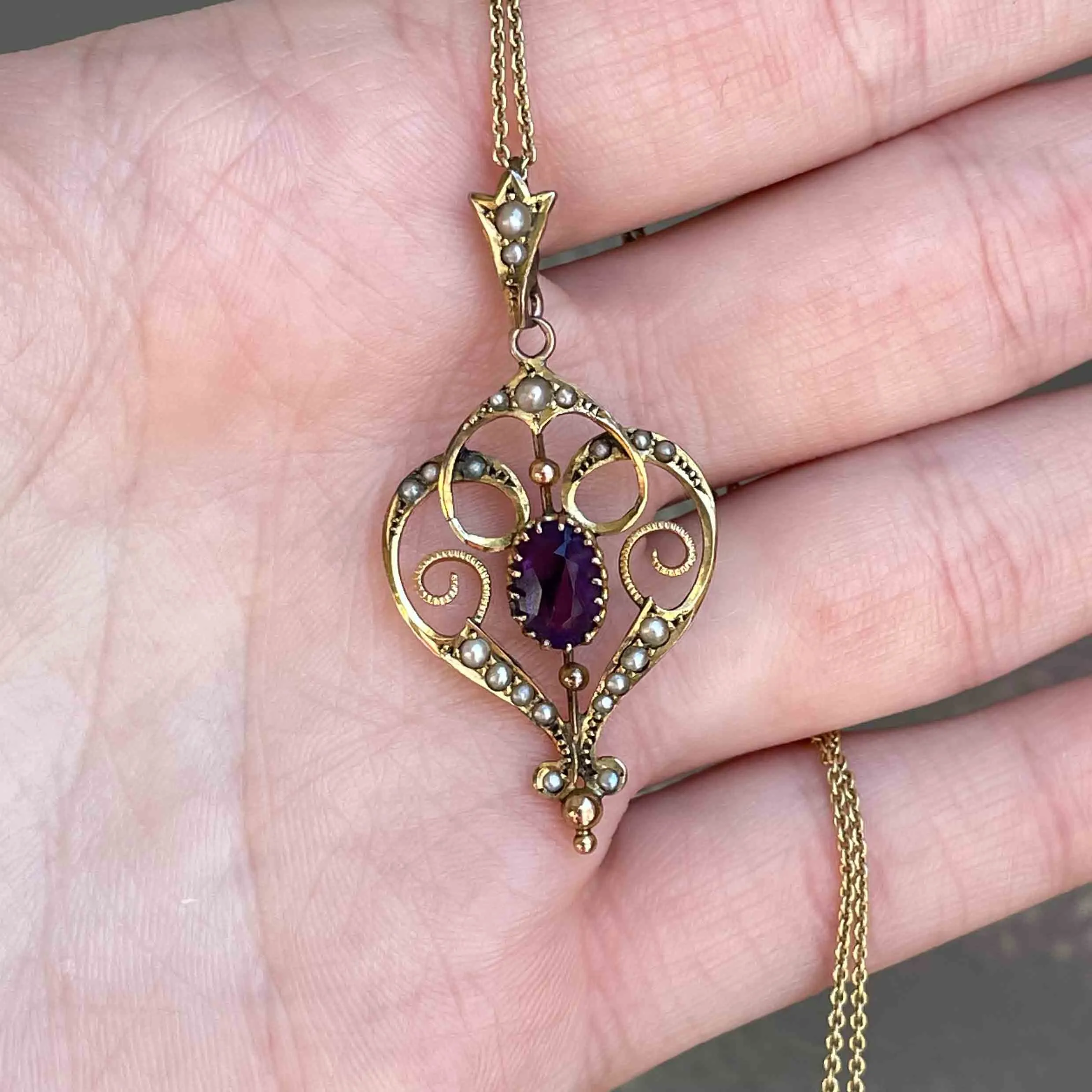 Edwardian Gold Amethyst Seed Pearl Lavalier Necklace