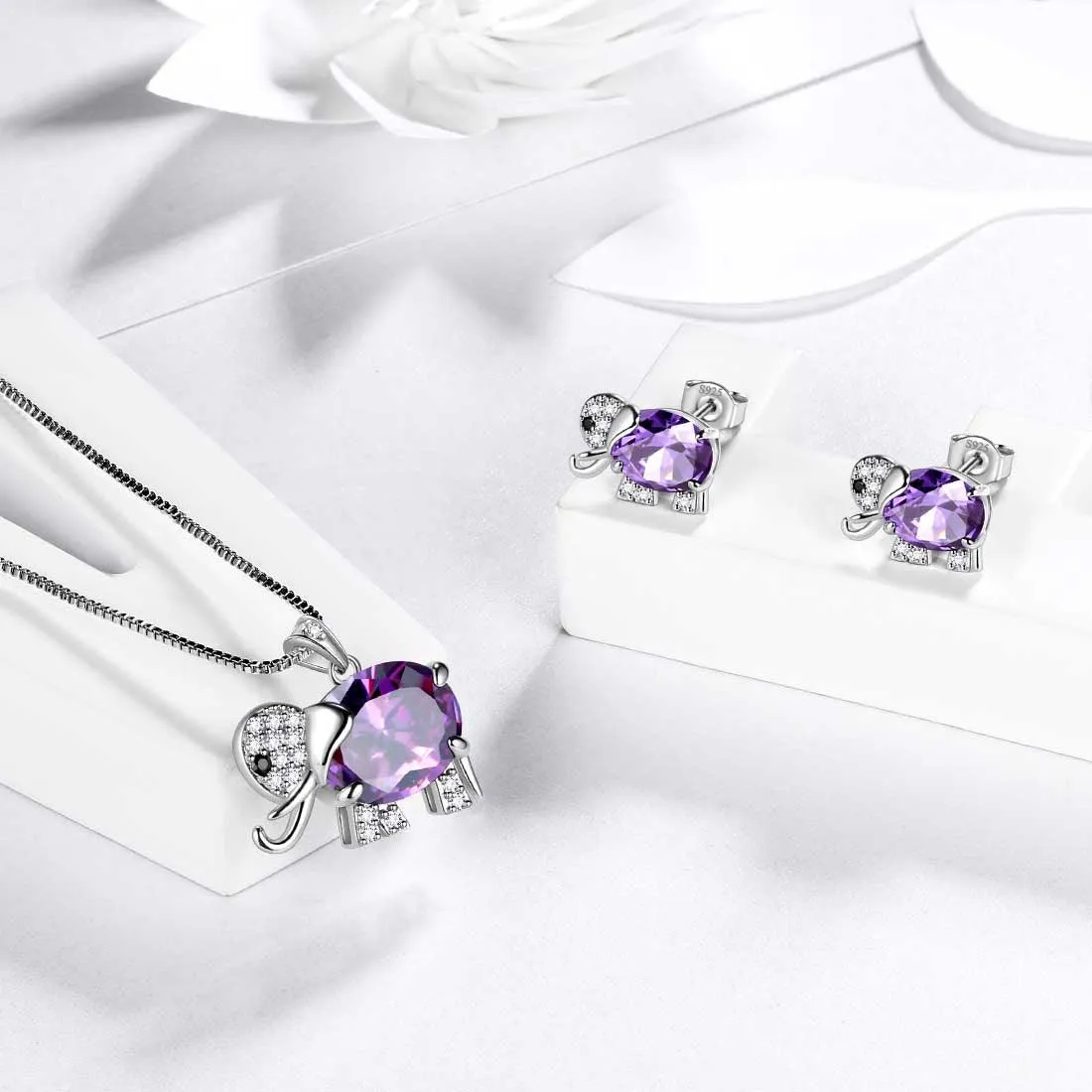 Elephant Birthstone February Amethyst Jewelry Set 3PCS Women Girls Birthday Gift