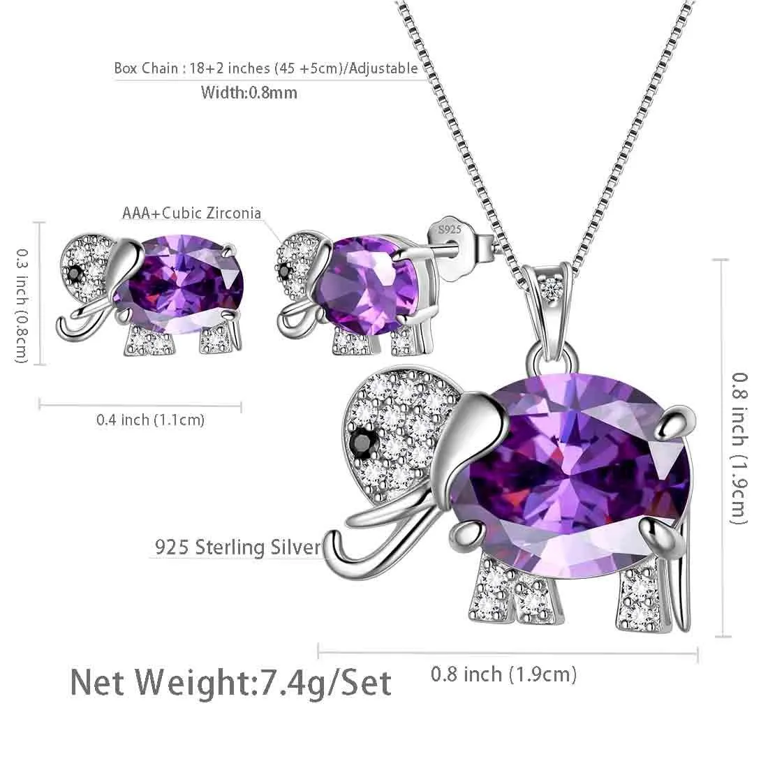 Elephant Birthstone February Amethyst Jewelry Set 3PCS Women Girls Birthday Gift