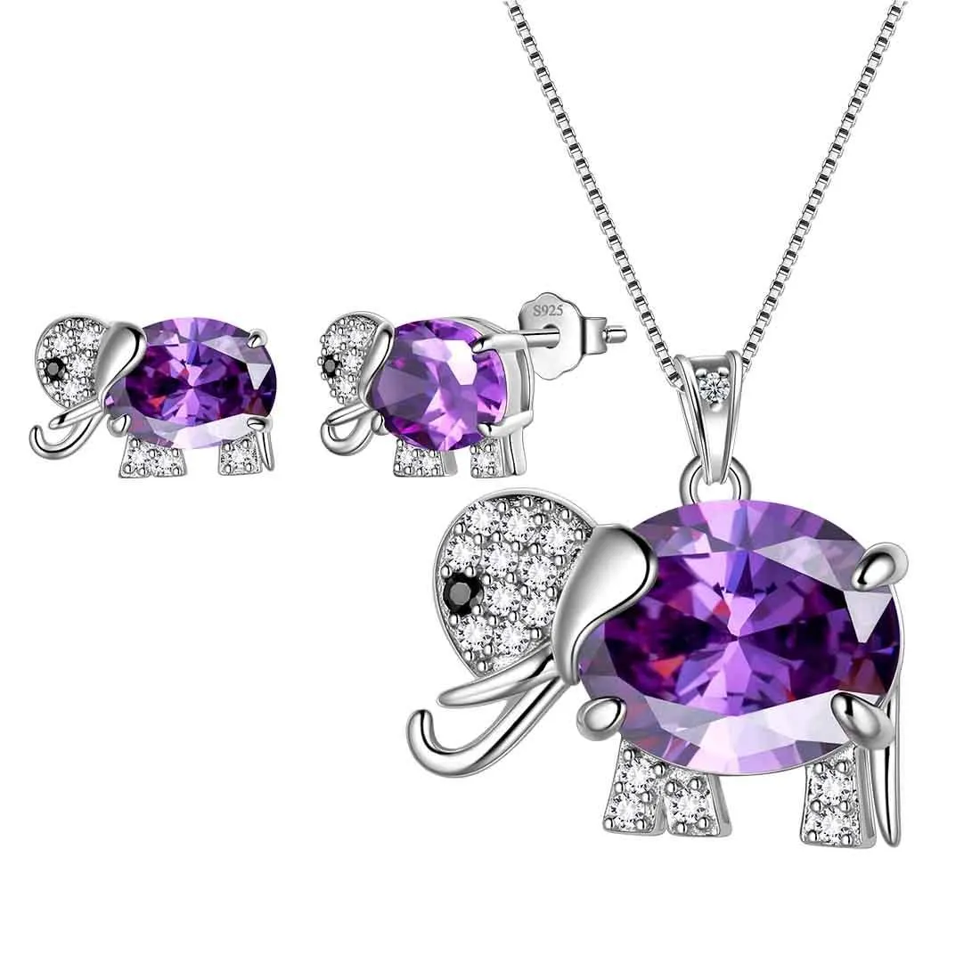 Elephant Birthstone February Amethyst Jewelry Set 3PCS Women Girls Birthday Gift