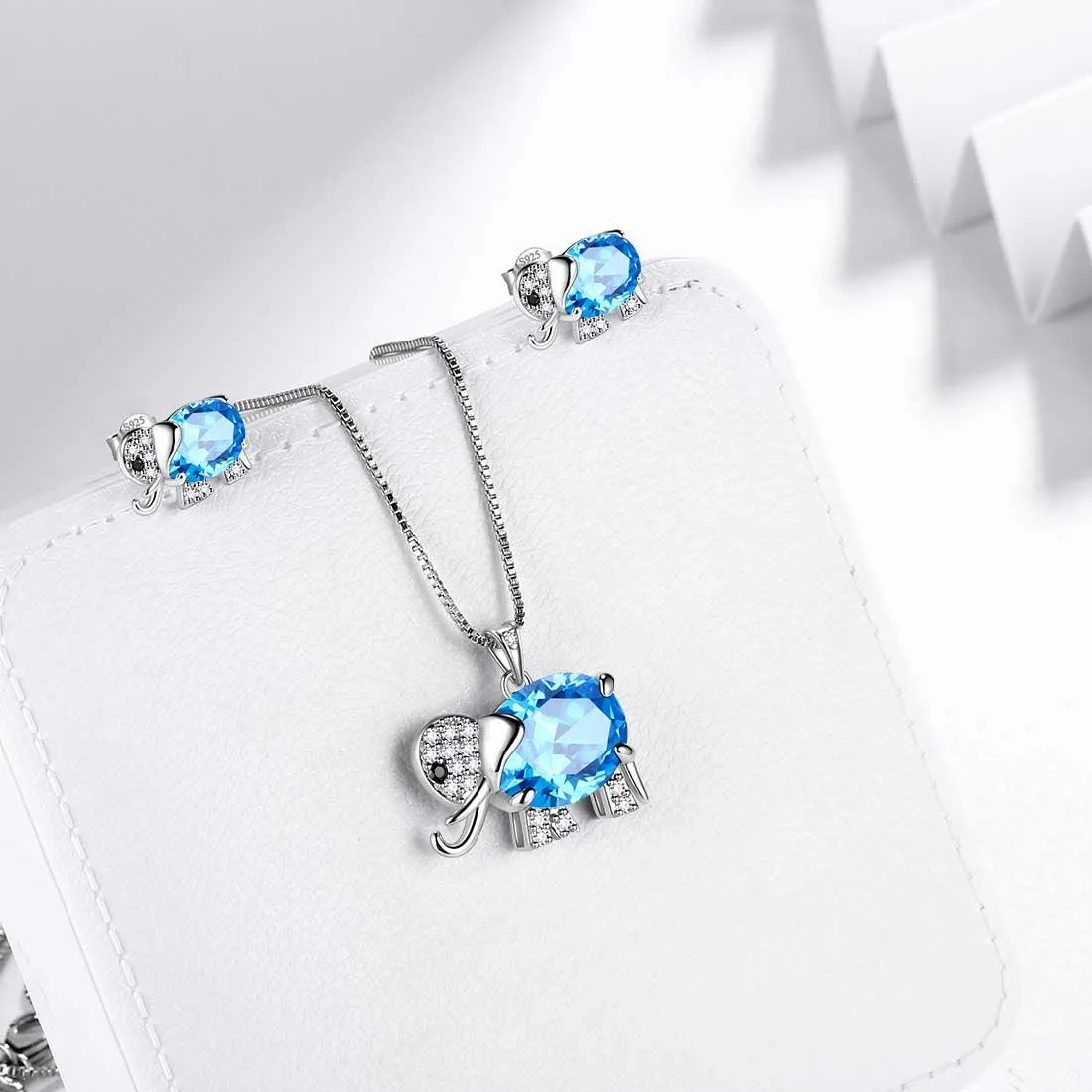 Elephant Birthstone March Aquamarine Jewelry Set 3PCS Women Girls Birthday Gift