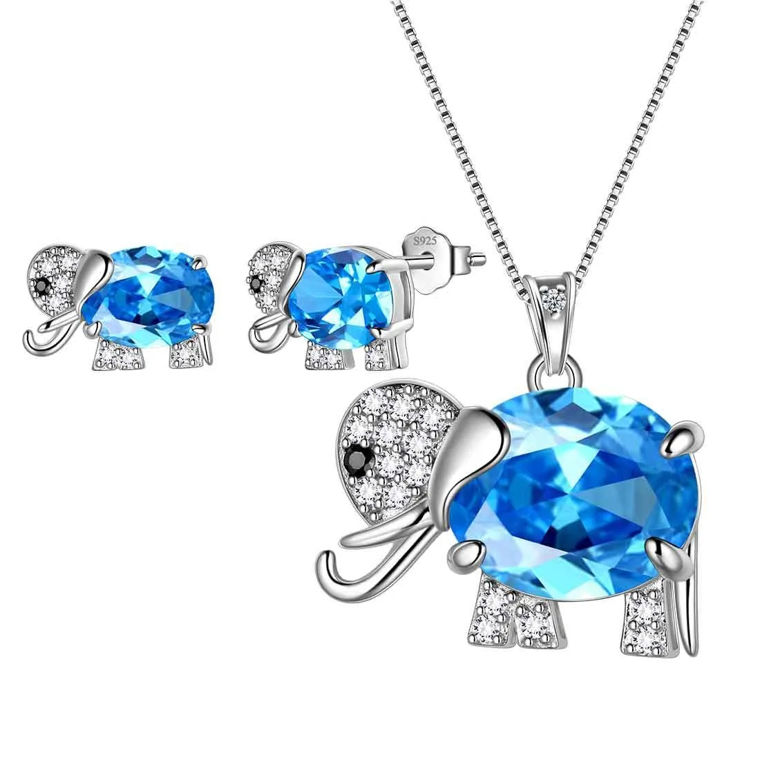 Elephant Birthstone March Aquamarine Jewelry Set 3PCS Women Girls Birthday Gift