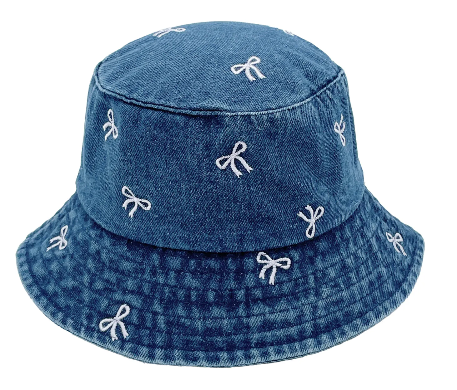 Embroidered Bow Denim Bucket Hat