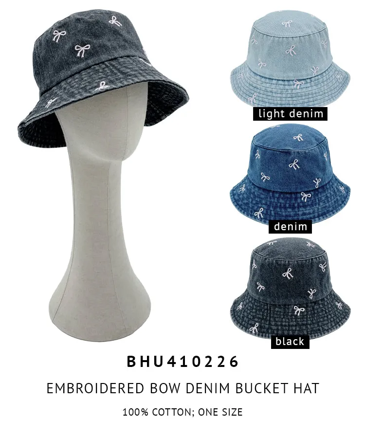 Embroidered Bow Denim Bucket Hat