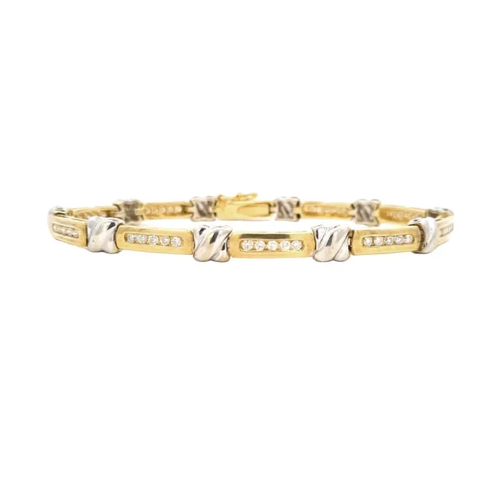 Estate Two-Tone Diamond Bar "X" Bracelet in 14K Yellow and White Gold