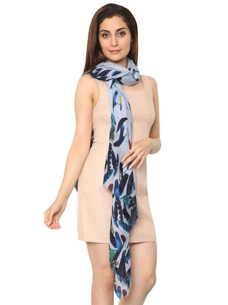 FabSeasons Blue Abstract feathers Printed Cotton Scarf