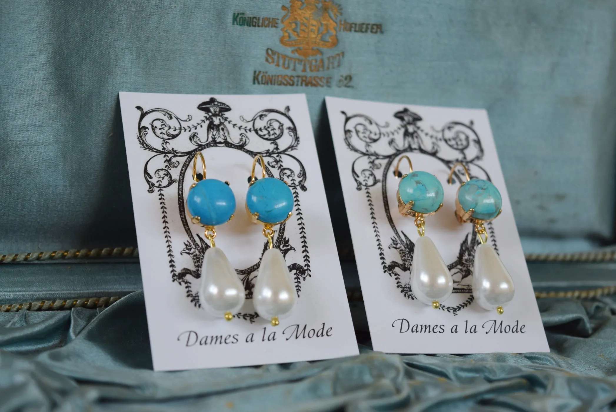 Faux Turquoise and Pearl Dangles - Round