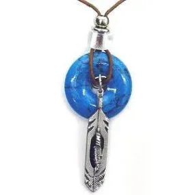 Feather Adjustable Cord Necklace with Torquoise Colored Disc