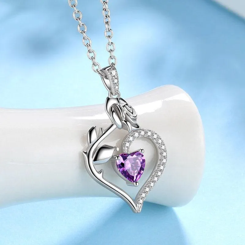 February Amethyst Necklace Women Heart Birthstone Pendant Flower Rose Jewelry Birthday Gifts