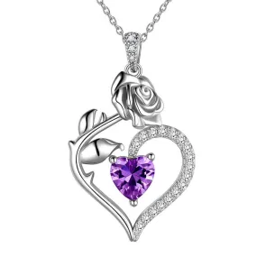 February Amethyst Necklace Women Heart Birthstone Pendant Flower Rose Jewelry Birthday Gifts