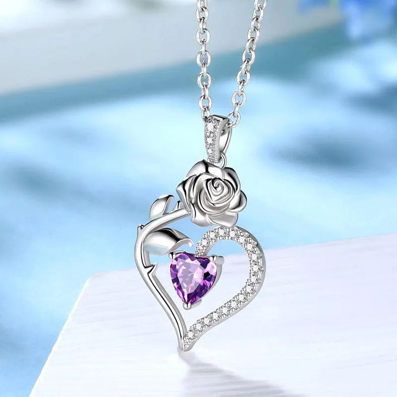 February Amethyst Necklace Women Heart Birthstone Pendant Flower Rose Jewelry Birthday Gifts