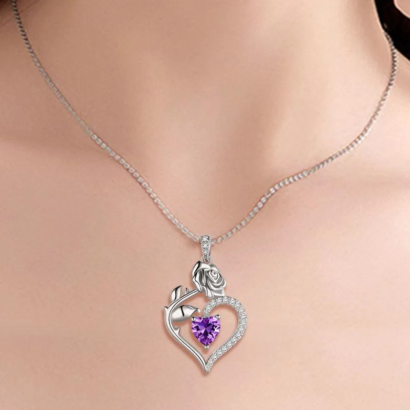 February Amethyst Necklace Women Heart Birthstone Pendant Flower Rose Jewelry Birthday Gifts