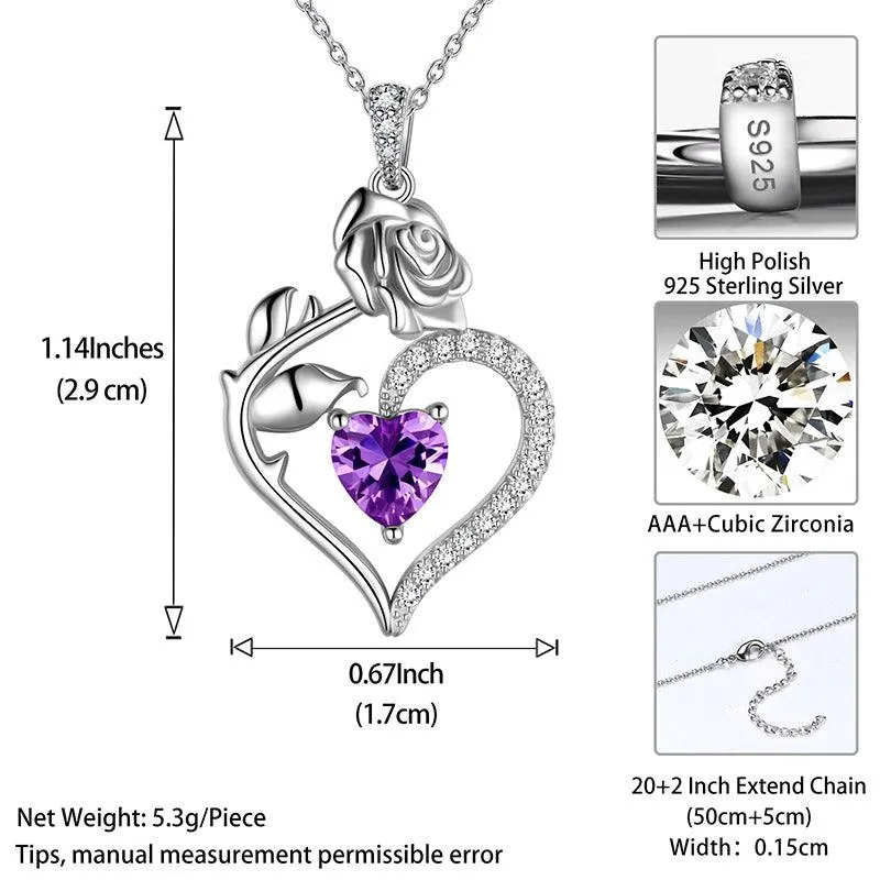 February Amethyst Necklace Women Heart Birthstone Pendant Flower Rose Jewelry Birthday Gifts