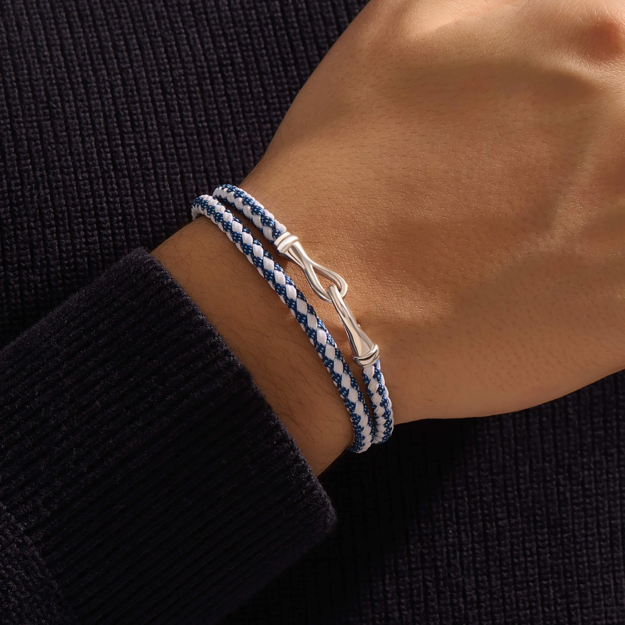 Fish Hook Blue and White Cotton Wrap Bracelet in Silver