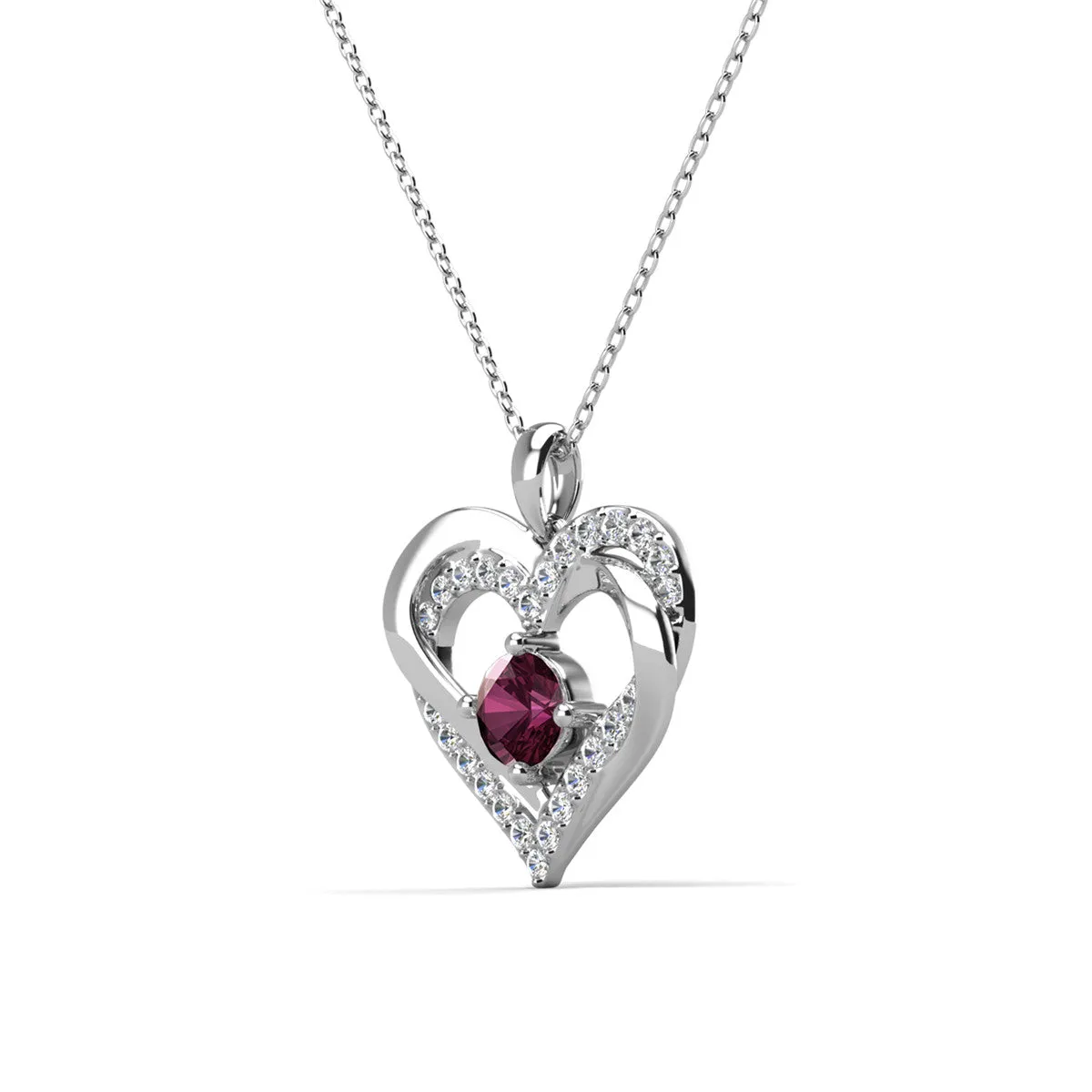 Forever February 18k White Gold Plated Amethyst Birthstone Double Heart Necklace with Swarovski Crystals