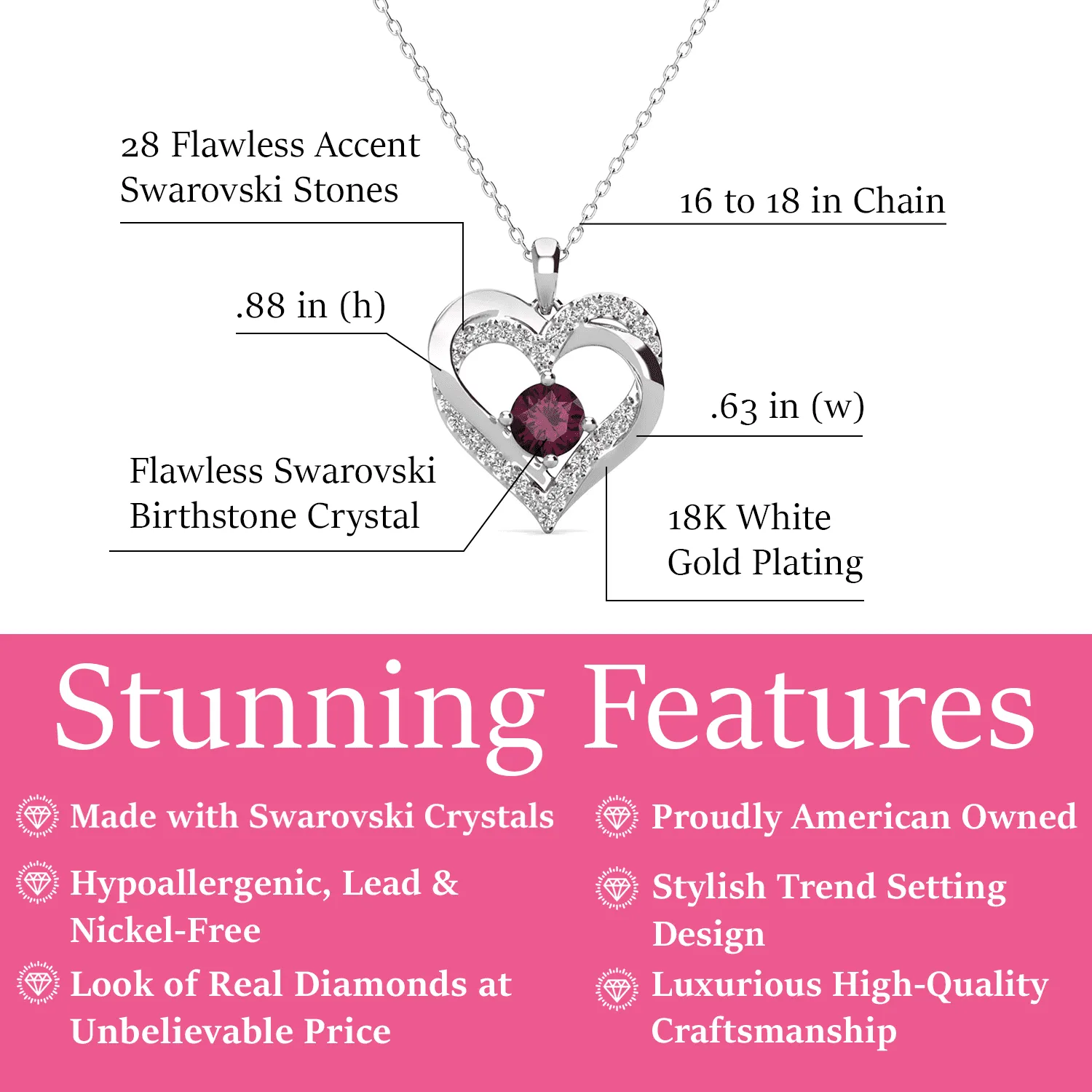 Forever February 18k White Gold Plated Amethyst Birthstone Double Heart Necklace with Swarovski Crystals